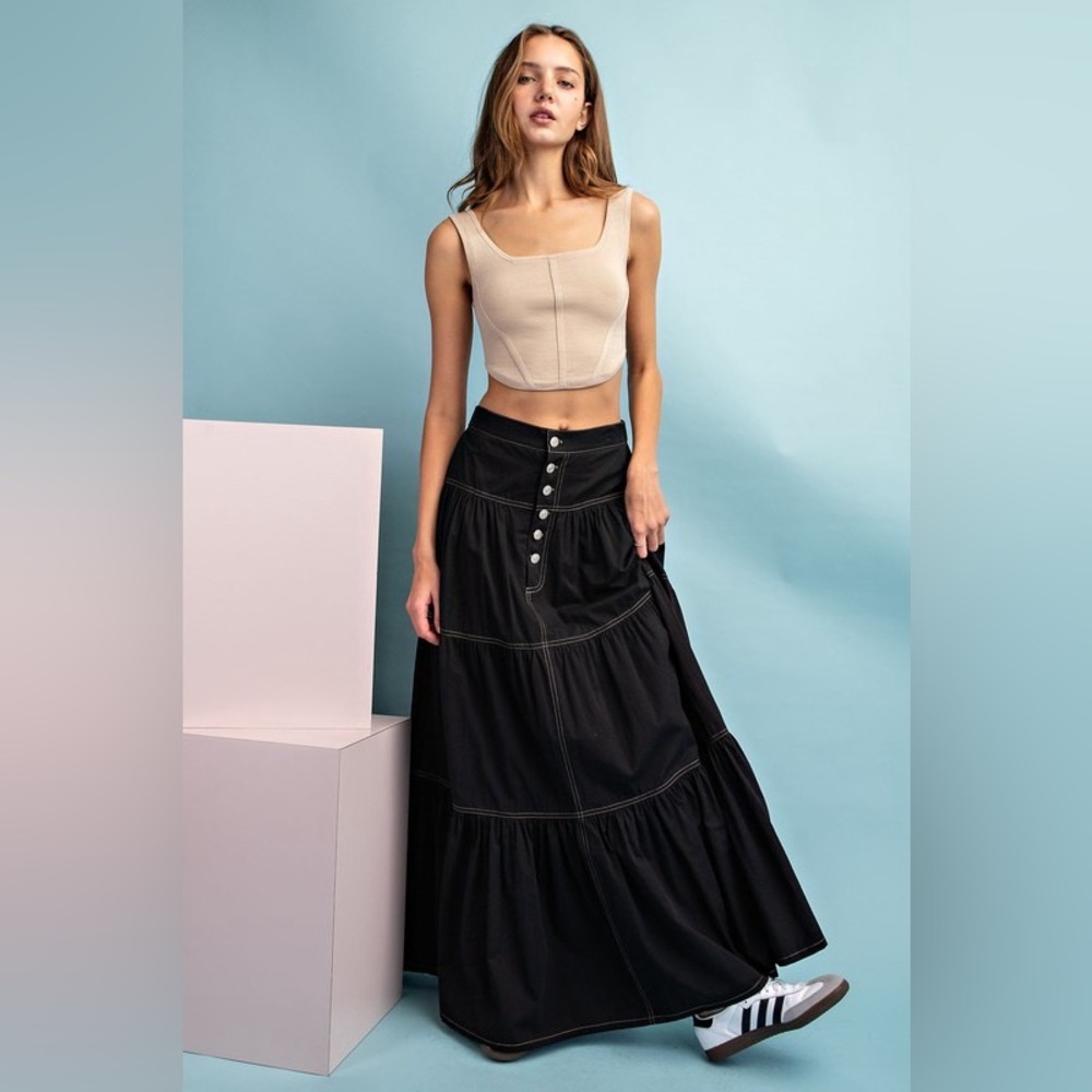 A-Line Tiered Button Up Maxi Skirt - eesome
